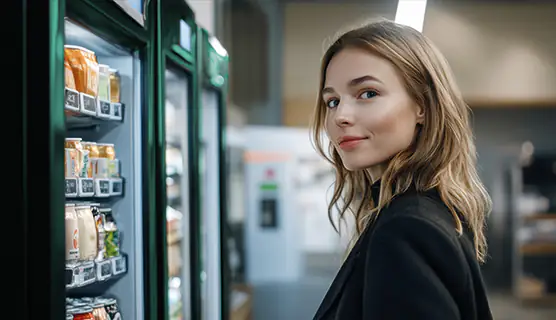 Frau vor einem Self-Service-Kühlschrank mit frischen Snacks und Gerichten