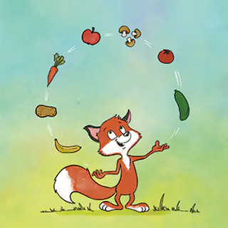 Daily Kids Fuchs-Maskottchen jongliert mit Obst und Gemüse